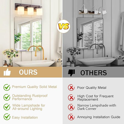 3 Light Modern Bathroom Light Fixtures Over Mirror, Bronze Finish Vanity Lights for Bathroom Wall Sconces with Milky White Glass Shades, E26 Socket (Bulbs Not Included)