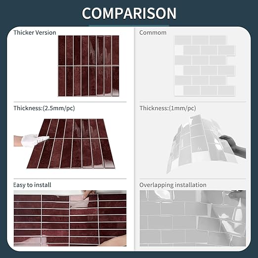 10 Sheets Upgraded Thicker Design Subway Tile Peel and Stick Backsplash | 12”×12”Self Adhesive Wall Tiles Stick on Back Splash for Kitchen,Bathroom,Camper(Vintage Red)