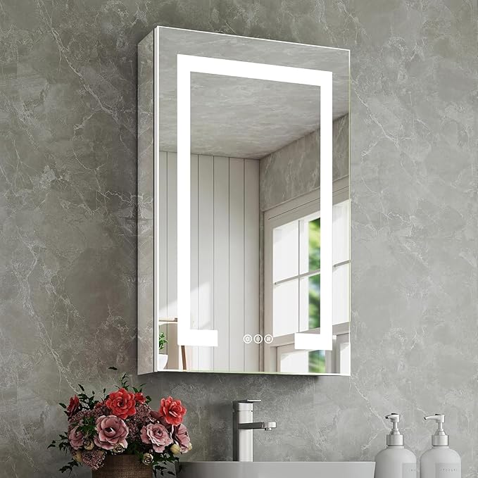 20x26 Inch Bathroom Medicine Cabinet with Mirror, Lighted Bathroom Mirror Cabinet, Recessed/Surface Mount Medicine Cabinet with Socket & USB, Anti-Fog, 3 Colors Temperature, Dimmable Light