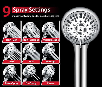 GRICH Shower Head with Handheld Spray - Dual High Pressure Showerhead | Rainfall Shower Heads Combo, Detachable Hand Shower, 9 Spray Settings, 60" Stainless Steel Shower Hose, 1.8GPM, Chrome