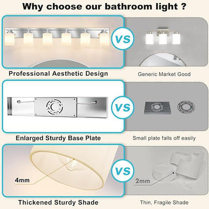 Modern Bathroom Lighting Fixtures Over Mirror, Vanity Lights for Bathroom, Wall Sconces with Milky White Glass Shades, E26 Ceramic Socket, 6-Light 43-inch Chrome