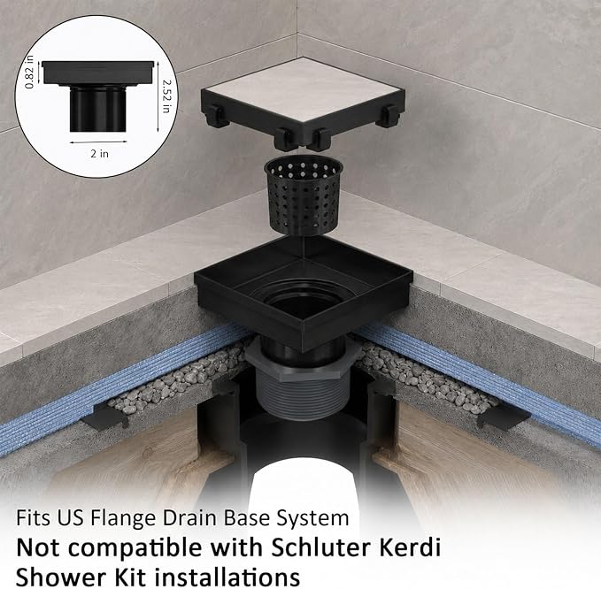 Tile Insert Square Shower Drain 6 in with Strainer, Matte Black | SUS 304 Stainless Steel, Removable Grate & Hair Strainer Design, for Bathroom, Kitchen, Balcony, Garage, Basement, Toilet