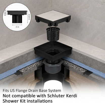 Tile Insert Square Shower Drain 6 in with Strainer, Matte Black | SUS 304 Stainless Steel, Removable Grate & Hair Strainer Design, for Bathroom, Kitchen, Balcony, Garage, Basement, Toilet