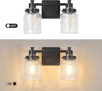2 Light Bathroom Light Fixtures Farmhouse Black Vanity Lights | ETL Certificate, Easy to Install,Wall Mount Up or Down,Hammered Glass Lampshade,E26 Socket,Hardwired,120V