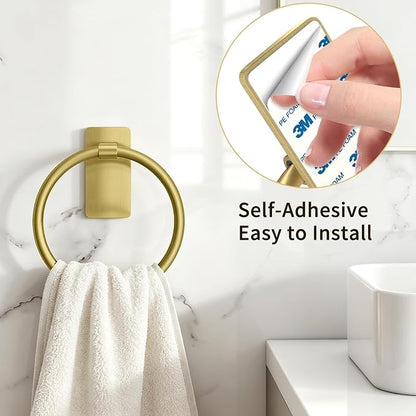 STWWO Gold Towel Ring for Bathroom, Adhesive Hand Towel Holder for Bathroom, Kitchen, No Drill | for Bath RV Kitchen, Self Adhesive Wall Mounted, No-Drill Stick On, Brushed Gold