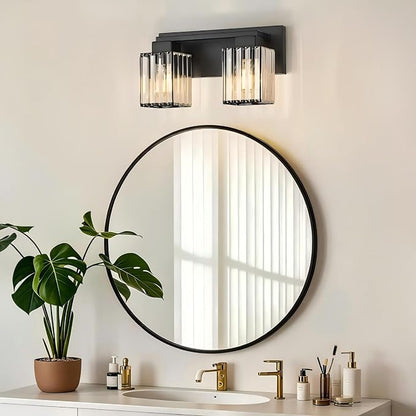 2-Light Black Crystal Vanity Light Bathroom Lighting Fixtures Over Mirror | Wall Sconces with Square Crystal Shades, E26 Socket, Modern Vanity Lights for Bathroom (Bulbs Not Included)