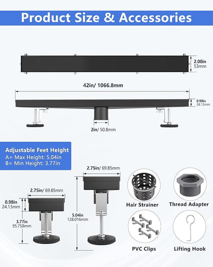 YEFU Black Shower Drain 42 Inch with Tile Insert, Linear Drain for Bathroom | Anti-Corrosion, Hair Catcher, 304 Stainless Steel, Adjustable Feet, Easy Clean, Linear shower Drain Fits Hotel Toilet Balcony