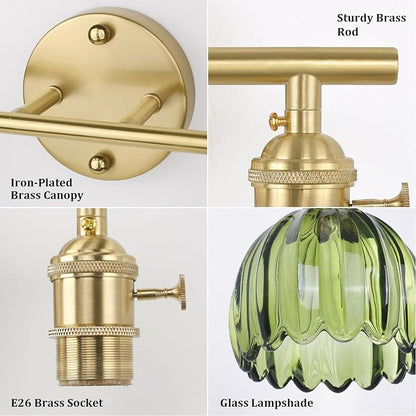 Shenmoyl Bathroom Light Fixtures, 2-Light Brass Vanity wall Light Over Mirror with Green Tulip Glass Shade for Bedroom Living Room (Bulb Not Included)