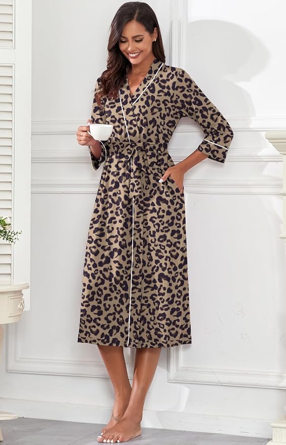 PrinStory Robes for Women 3/4 Sleeve Long Bath Robe XS-4XL | V-Neck Knit Bathrobe with Pockets, Lightweight, Soft, Breathable Robes for Shower, Spa, Travel, Home, Party, Nursing