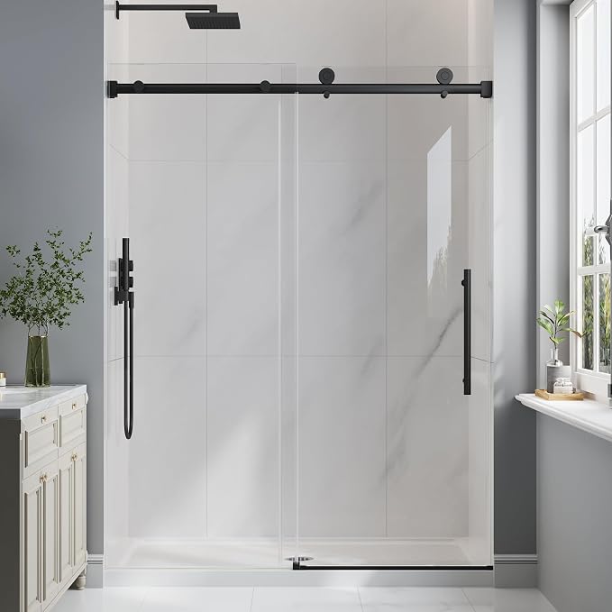 43-48" W x 76" H Frameless Sliding Shower Doors Matte Black | 1/4''(6mm) Tempered Glass,Explosion Proof Film,Nano Coating,Stainless Steel Hardware,Easy to Clean,Customizable Width