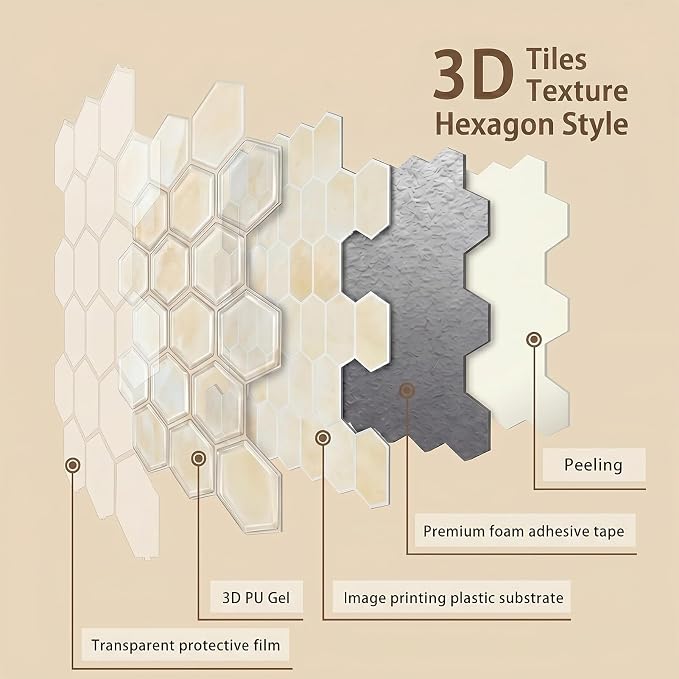 Arttown Peel and Stick 3D Wall Backsplash, 10-Sheet, 12" × 12" Hexagon | Subway Tile Self Adhesive Thicker Design Wall Tiles Panel Wallpaper for Kitchen Bathroom Balcony