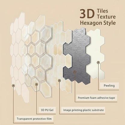 Arttown Peel and Stick 3D Wall Backsplash, 10-Sheet, 12" × 12" Hexagon | Subway Tile Self Adhesive Thicker Design Wall Tiles Panel Wallpaper for Kitchen Bathroom Balcony
