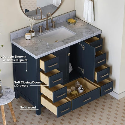 ARIEL Cambridge 42-inch Bathroom Vanity with Sink,Solid Wood, 1.5-inch Italian Carrara Marble Countertop, Single Rectangular Porcelain Sink, 2 Soft Closing Doors, 9 Dovetail Drawers, Midnight Blue