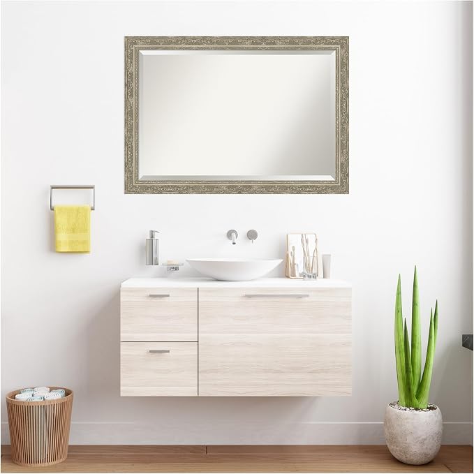 Amanti Art Silver Bathroom Mirror for Over Sink, 28x40 Filigree Silver Rectangle Vanity Mirror, Large Traditional Frame, Hangs Horizonally and Vertically, Bathroom Wall Decor, Beveled Edge