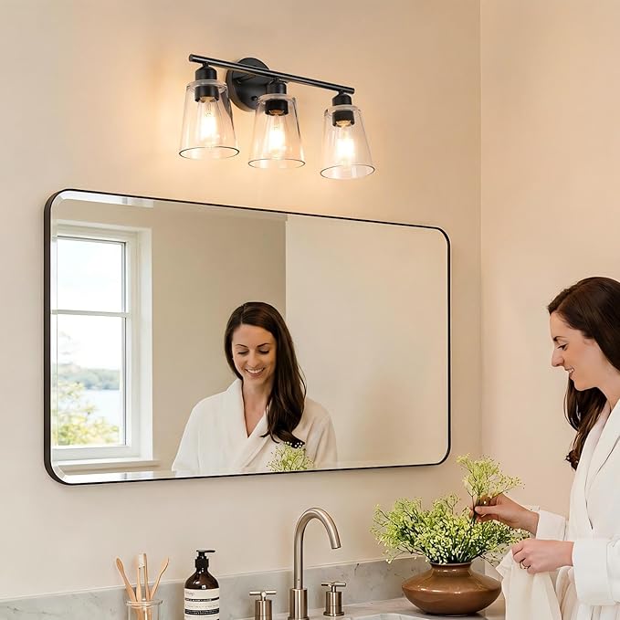 TALOYA 19 Inch Brushed Black Bathroom Light Fixtures with Thickend Clear Tapered Glass Shade, 3-Light Modern Vanity Light Over Mirror for Bathrooms, Bedrooms (Bulbs Not Included)