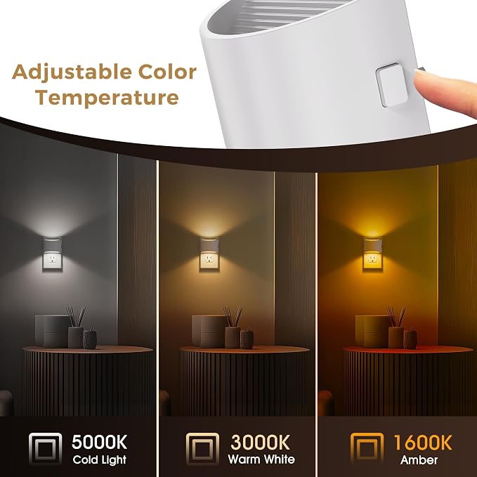 L LOHAS LED Night Lights Plug into Wall with 3CCT Adjustable, 1W Nightlight | (1600K/3000K/5000K), 1W Nightlights Plug in Wall with Dusk to Dawn Sensor, 2 Pack, White Housing