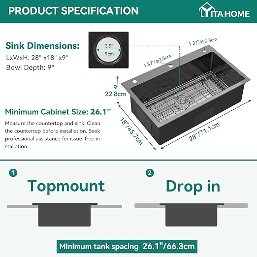 YITAHOME Drop in Black Kitchen Sink with 3 Holes, 28in Top Mount Stainless Steel Nano Gunmetal Black Single Bowl with Grid for Workstation, RV, Bar Sink, 28 x 18 x 10in
