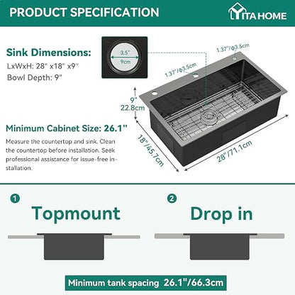YITAHOME Drop in Black Kitchen Sink with 3 Holes, 28in Top Mount Stainless Steel Nano Gunmetal Black Single Bowl with Grid for Workstation, RV, Bar Sink, 28 x 18 x 10in