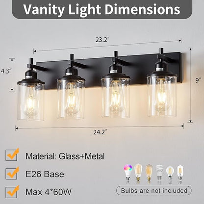 4-Light Black Bathroom Light Fixture Over Mirror Modern Farmhouse Bathroom Vanity Light Vintage Wall Lighting with Clear Glass Shade for Bathroom, Bedroom, Hallway, Cabinet