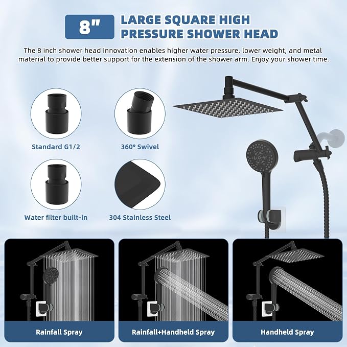 Metal Rain Shower Head with Handheld, 8" High-Pressure Showerhead,10-Mode | Black, Rainfall Shower Head with 5" Large Handheld Spray, Adjustable 16" Shower Extension Arm/71" Hose, Brass 3-Way Diverter