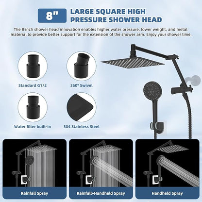 Metal Rain Shower Head with Handheld, 8" High-Pressure Showerhead,10-Mode | Black, Rainfall Shower Head with 5" Large Handheld Spray, Adjustable 16" Shower Extension Arm/71" Hose, Brass 3-Way Diverter