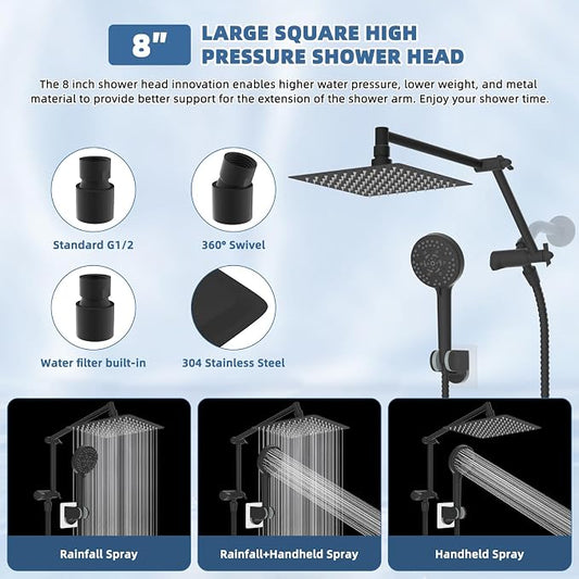 Metal Rain Shower Head with Handheld, 8" High-Pressure Showerhead,10-Mode | Black, Rainfall Shower Head with 5" Large Handheld Spray, Adjustable 16" Shower Extension Arm/71" Hose, Brass 3-Way Diverter