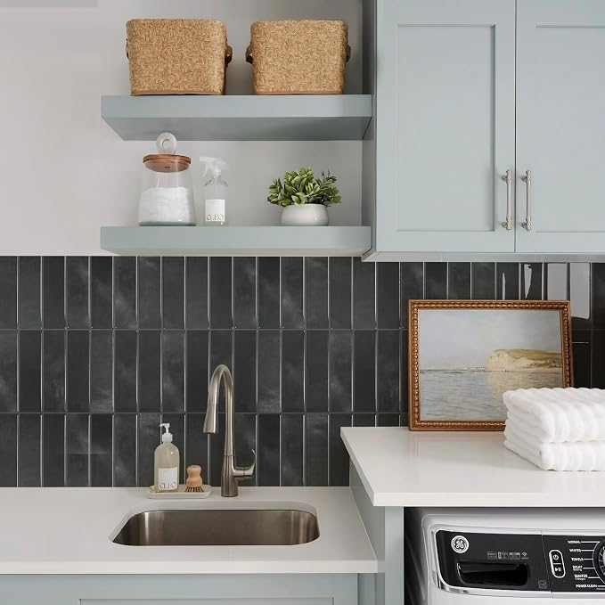 STICKGOO 10-Sheet Peel and Stick Backsplash Tile(Thicker Design) | Self Adhesive Vinyl Wall Tiles, 3D DIY Subway Tiles, Stick on Backsplash for Kitchen (Marquina Black)