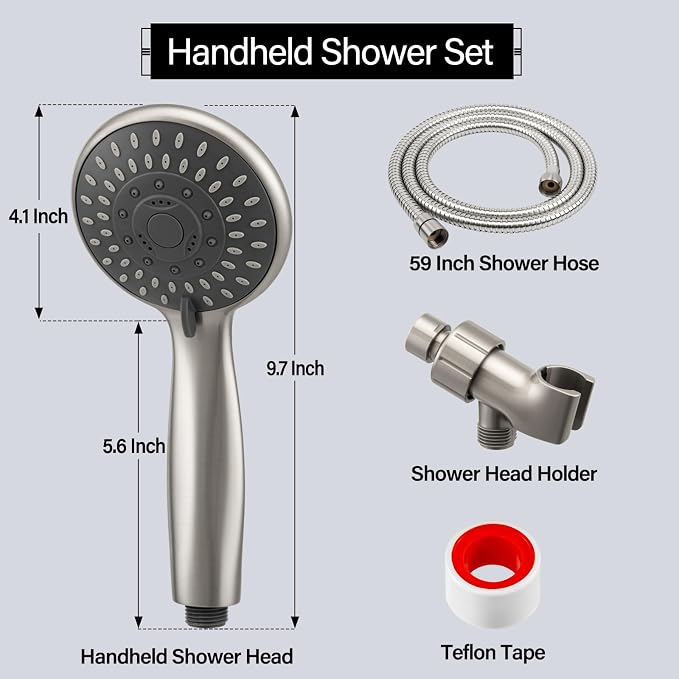 Shower Head with Handheld, 5-Settings Showerhead High Pressure Powerful Water Spray Shower Head Set with 59 Inch Stainless Steel Hose and Bracket, Brushed Nickel
