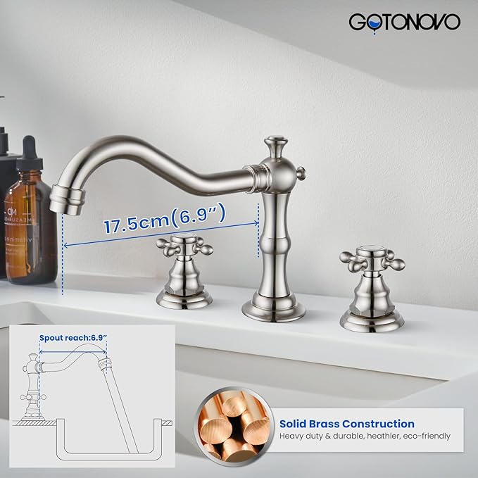 gotonovo 3 Hole Widespread Bathroom Sink Faucet Double Cross Handle Mixer Tap Faucet for Bathroom Sink Vanity Faucet Deck Mount Basin Hot Cold Water Matching Pop Up Drain Brushed Nickel
