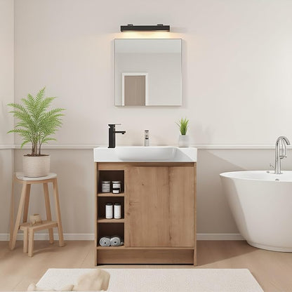 30" Freestanding Bathroom Vanity with Sink, Floor Cabinet, Natural | Integrated Ceramic Sink, Soft-Close Door & 3 Open Storage Shelves, Small Bath Vanity Set, Easy to Clean