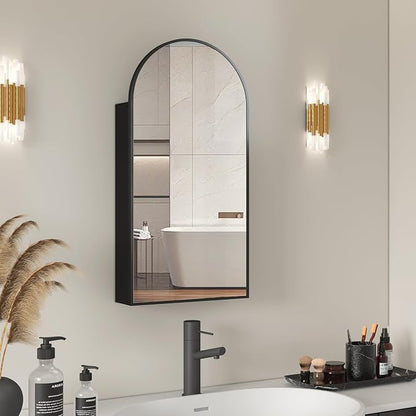 16 x 32 Black Bathroom Medicine Cabinet with Mirror,Arched Medicine Cabinet with Mirror,Assembly Required,Bathroom Mirror with Storage,Wall Mounted Medicine Cabinets with Adjustable Shelves