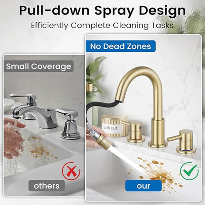 Bathroom Faucet 3 Hole, 8 Inch Widespread 2 Handle Pull Down Bathroom Sink Faucets with Pop Up Drain and 360° Swivel Spout, Brushed Gold