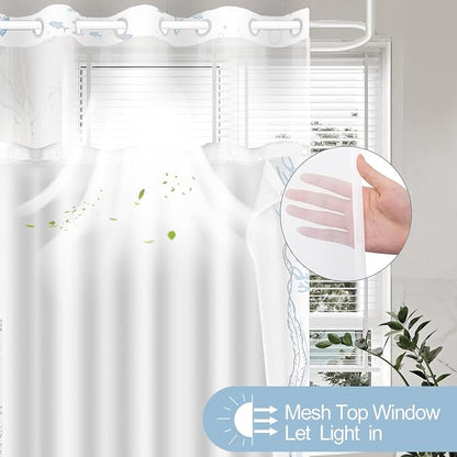 No Hook Shower Curtain and Liner Set for Bathroom, Blue Beach Coastal 71x74 | Nautical Ocean Design, with Snap in Liner Replacement, Mesh Top Window, Waterproof, Machine Washable, Quick-Drying