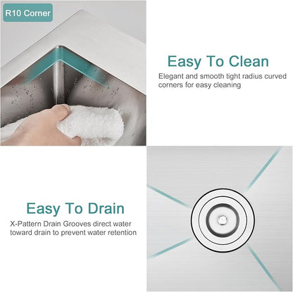 Brushed Topmount Kitchen Sink - 24”×18” Single Bowl Sink, Sink Grid | 9 Inch Deep Handmade Bar Sink with Strainer, Stainless Steel 304, Right Side Drain, X-Groove Drainage, Sound-Dampening Pad