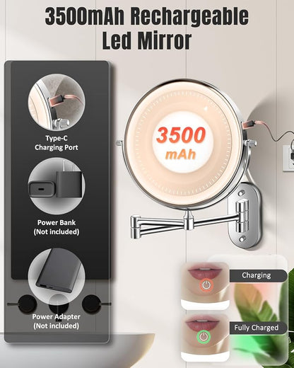 VFD 8'' 30X/1X Wall Mounted Lighted Magnifying Makeup Mirror with Lights | Double Sided Rechargeable Bathroom Mirror, 3 Color Lights Touch Dimmable Extended Arm 360 Rotation Light up Mirrors