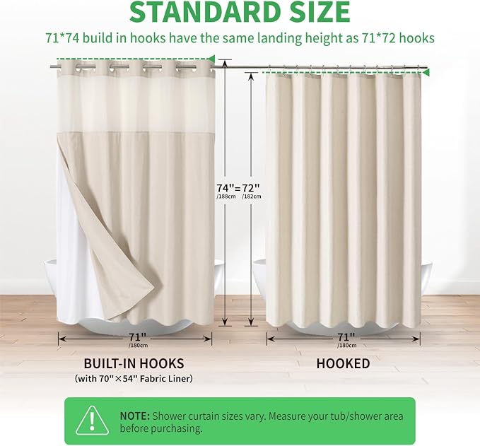 Eachope No Hooks Polyester Textured Shower Curtain with Snap-in Fabric Liner Set, Hotel Luxury Decor Shower Curtains for Bathroom with See Through Top Window, Waterproof & Washable, 71Wx74H, Cream | 230GSM Thick Fabric,Hotel Luxury Decor,Mesh Top Windo...