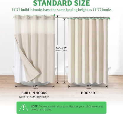 Eachope No Hooks Polyester Textured Shower Curtain with Snap-in Fabric Liner Set, Hotel Luxury Decor Shower Curtains for Bathroom with See Through Top Window, Waterproof & Washable, 71Wx74H, Cream | 230GSM Thick Fabric,Hotel Luxury Decor,Mesh Top Windo...