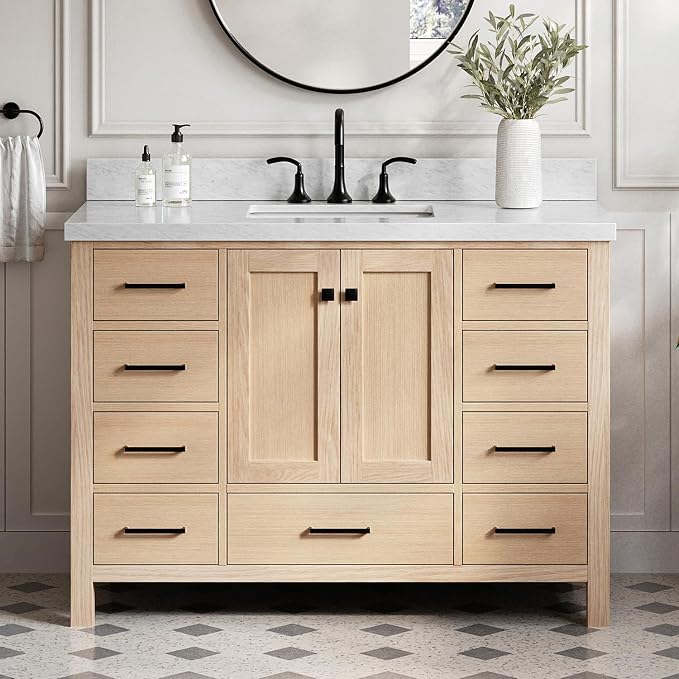 Beckford 48-Inch Oak Bathroom Vanity with Sink, 1.5-Inch Carrara White Marble Countertop & 4" Backsplash, 2 Soft Closing Doors, 9 Dovetail Drawers, Matte Black Hardware