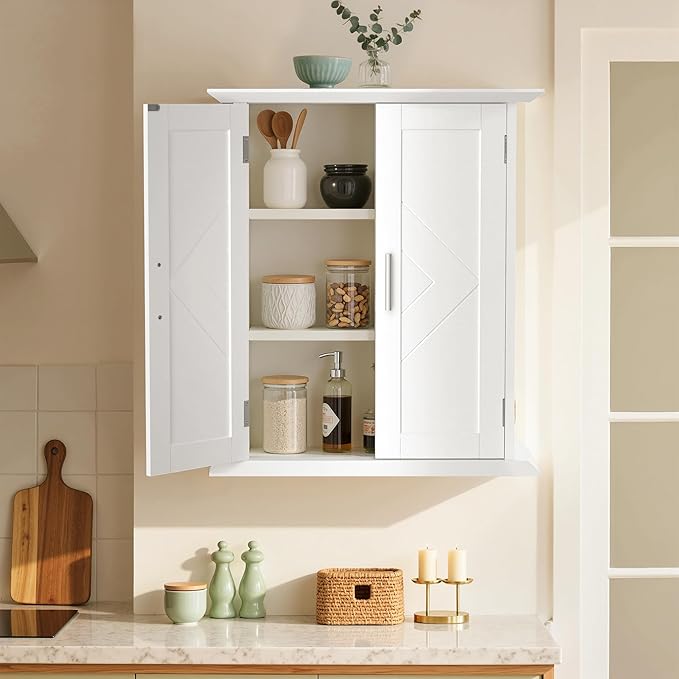 VECELO Bathroom Wall Mounted Medicine Cabinet, Over The Toilet Storage with Adjustable Shelf and 2 Doors, Space Saving Cupboard for Kitchen, Living Room, Bedroom, Entryway, White