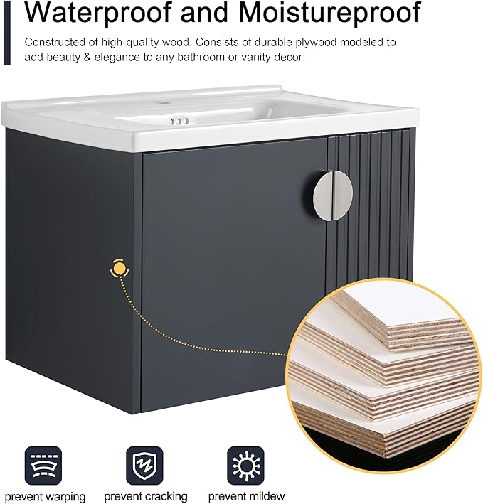 Malwee 28" Floating Bathroom Vanity with Sink, 28 Inch Single Sink Wall Mounted Bathroom Vanity, with 2 Doors and White Ceramic Basin Top, Black Cabinet Set with 3 Color Handles (081-28)