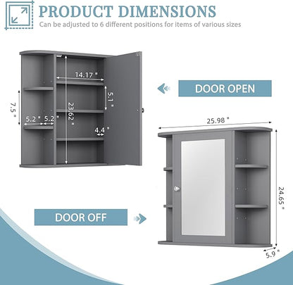Shintenchi Bathroom Wall Cabinet with Mirror, Mounted Medicine Cabinets with 4 Internal and 6 Open Shelves, Mirrored Door Over the Toilet Storage, Gray