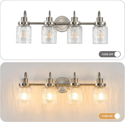 4 Lights Bathroom Vanity Light, Brushed Nickel Bathroom Light Fixtures with Hammered Glass Lampshade for Dressing Table,Over Mirror,Hallway