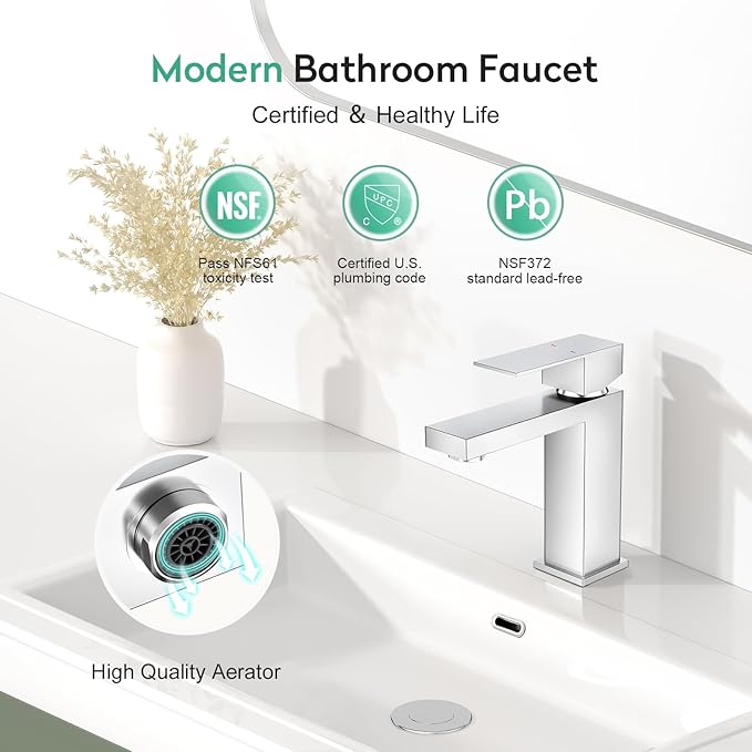Faustina Polished Chrome Bathroom Faucet, Single Handle Stainless Steel Bathroom Vanity Faucet with Metal Pop-Up Drain and Deck Plate for 1 or 3 Hole