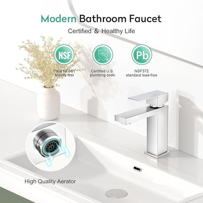 Faustina Polished Chrome Bathroom Faucet, Single Handle Stainless Steel Bathroom Vanity Faucet with Metal Pop-Up Drain and Deck Plate for 1 or 3 Hole