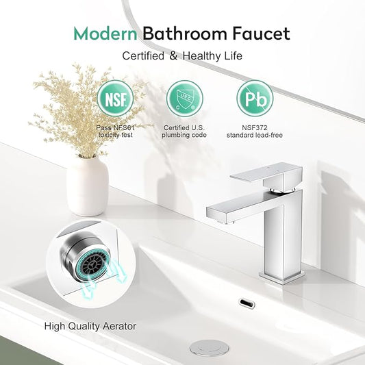 Faustina Polished Chrome Bathroom Faucet, Single Handle Stainless Steel Bathroom Vanity Faucet with Metal Pop-Up Drain and Deck Plate for 1 or 3 Hole