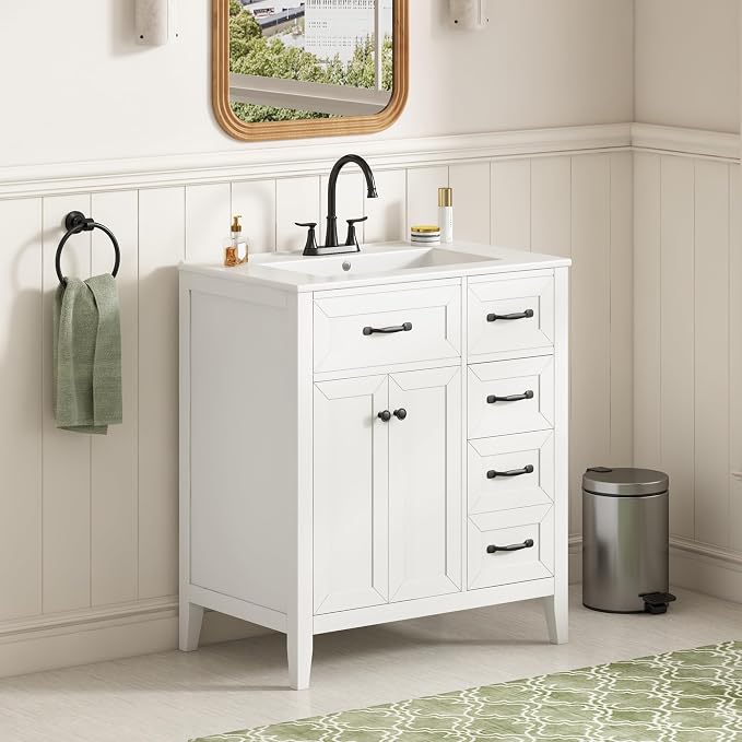 Merax 30 Inch Bathroom Vanities with Undermount Ceramic Sink, Storage Cabinet with Soft Closing Doors and Three Drawers, Solid Wood Frame, White