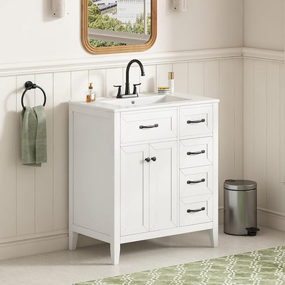 Merax 30 Inch Bathroom Vanities with Undermount Ceramic Sink, Storage Cabinet with Soft Closing Doors and Three Drawers, Solid Wood Frame, White