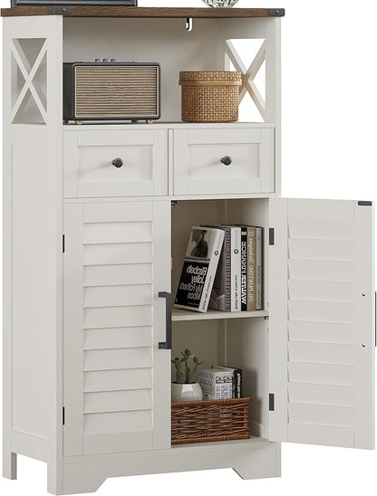 ChooChoo Farmhouse Storage Cabinet, Bathroom Floor Cabinet with Doors and Drawers, Kitchen Pantry Cabinet for Living Room, Laundry, White