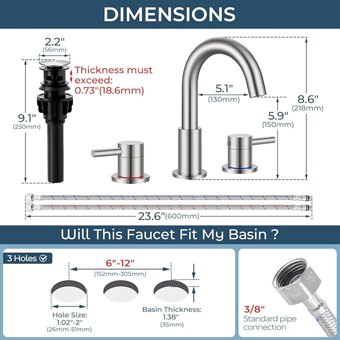 FGKQ Brushed Nickel Bathroom Faucet 3 Hole, 8 inch Widespread Bathroom Faucets for Sink 3 Hole Brushed Nickel with Pop-Up Drain Water Supply Lines