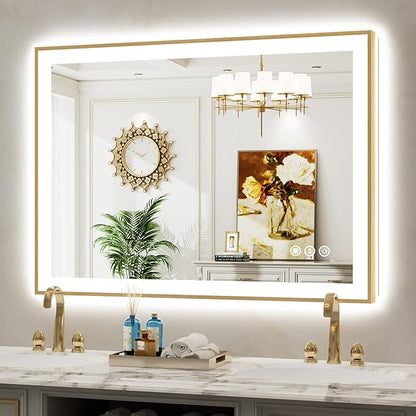 44x32 Inch LED Bathroom Mirror with Lights (Front Lit and Backlit) Gold Framed Lighted Vanity Mirror for Bathroom Wall Dimmable Anti-Fog Memory Tempered Glass Horizontal/Vertical